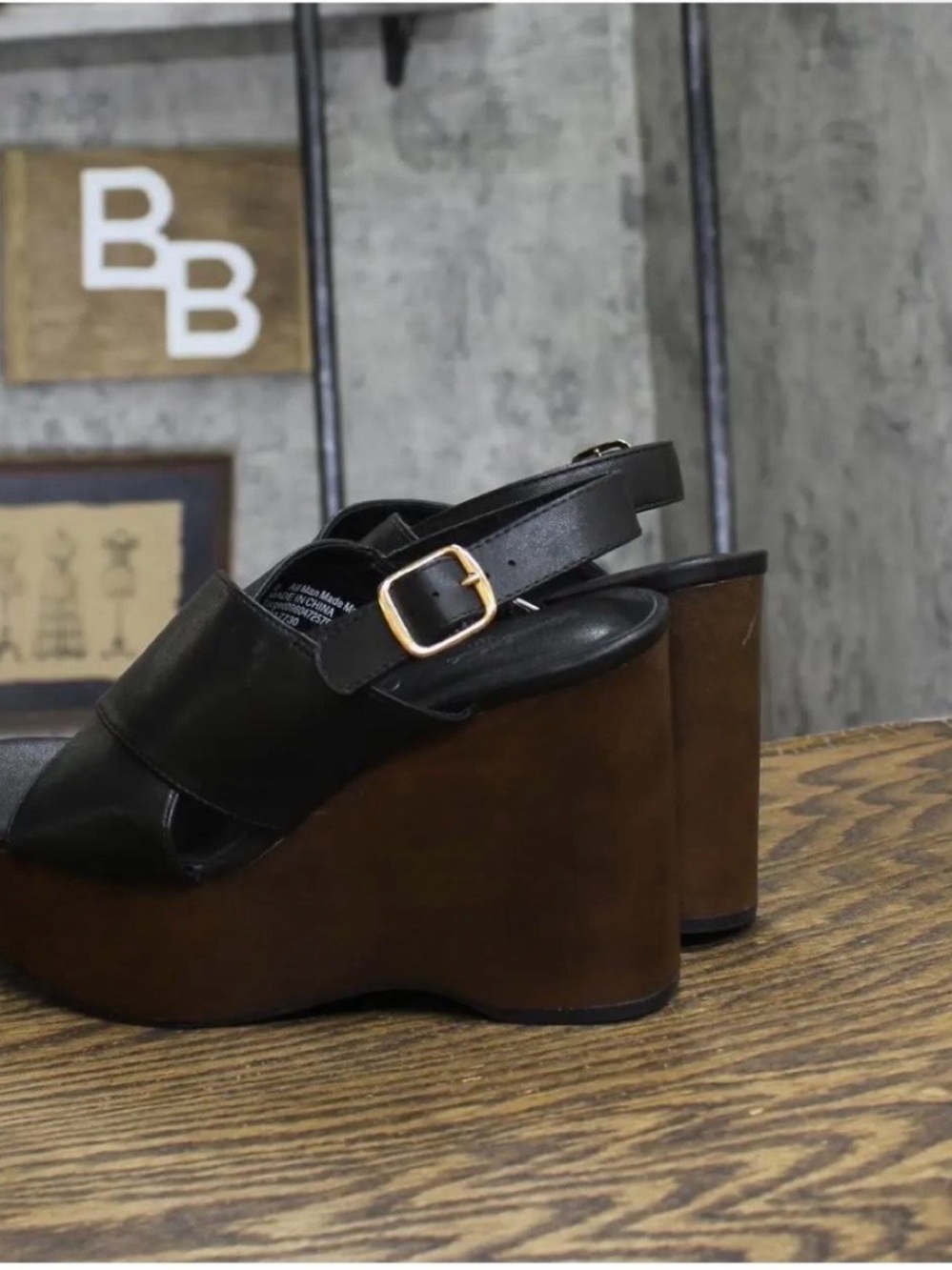 Black Platform Wedge Sandals with Brown Wood-Effect Sole